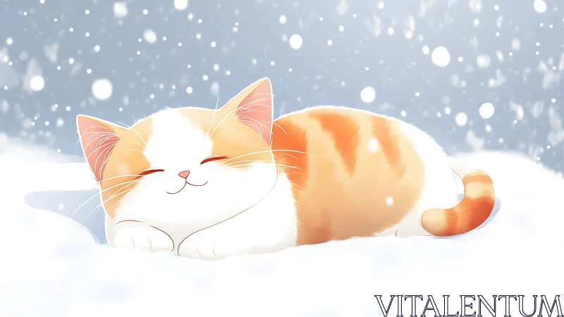 Warm-Toned Orange and White Cat Resting in Snowy Landscape.