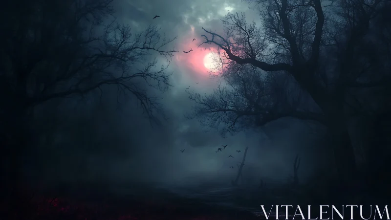 Moonlit misty forest path where quiet shadows wander.