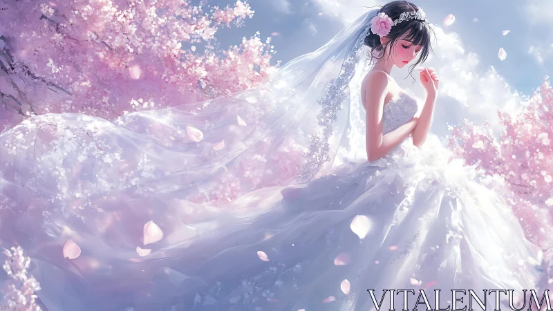 Anime bridal portrait under luminous cherry blossoms in bloom