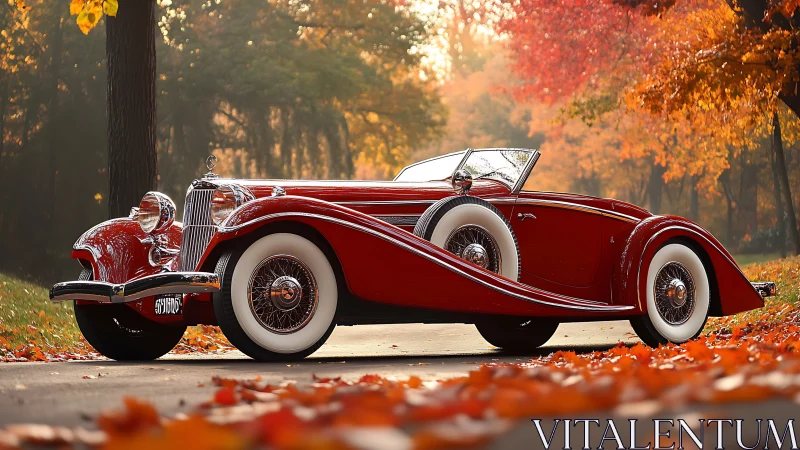 Classic red roadster under autumn foliage glow at dusk.