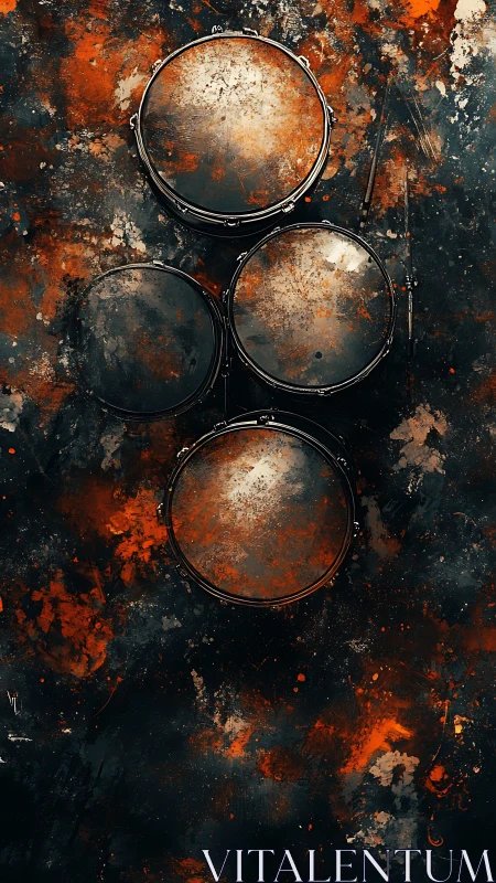 Four drumheads align over molten abstract splatter field