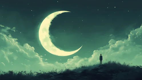 Solitary dreamer beneath luminous crescent skyscape.
