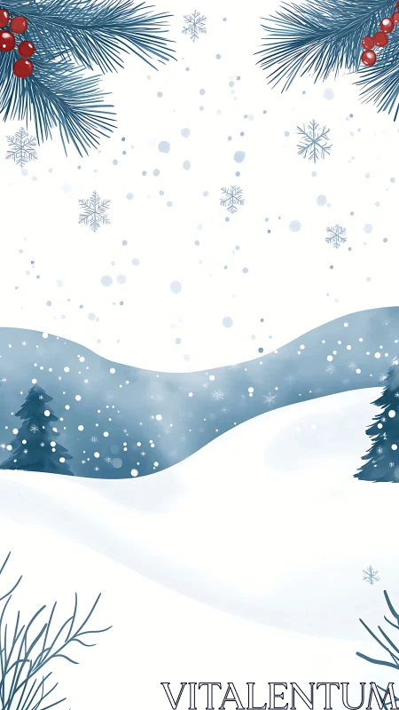 Gentle snowfall drifts over a peaceful winter forest valley