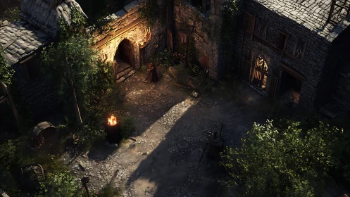 Medieval stone courtyard with lone robed figure at dusk.