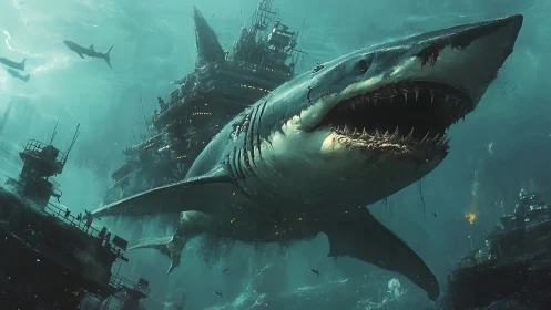 Colossal cybernetic shark attacks submerged battle city.