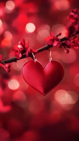 Red fabric heart ornament hangs from blooming cherry branch.