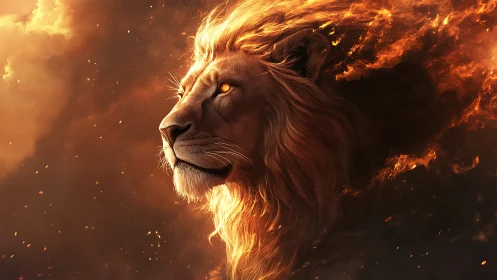 Solar-flamed lion king gazing through embers of twilight.