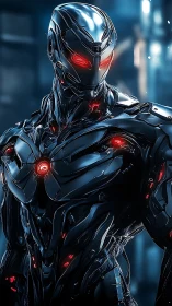 Chrome war sentinel pauses, red sensor-lights quietly burning