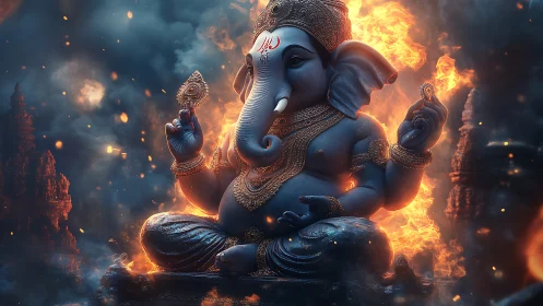 Divine Ganesha rendered in dramatic 3D with fiery backlight
