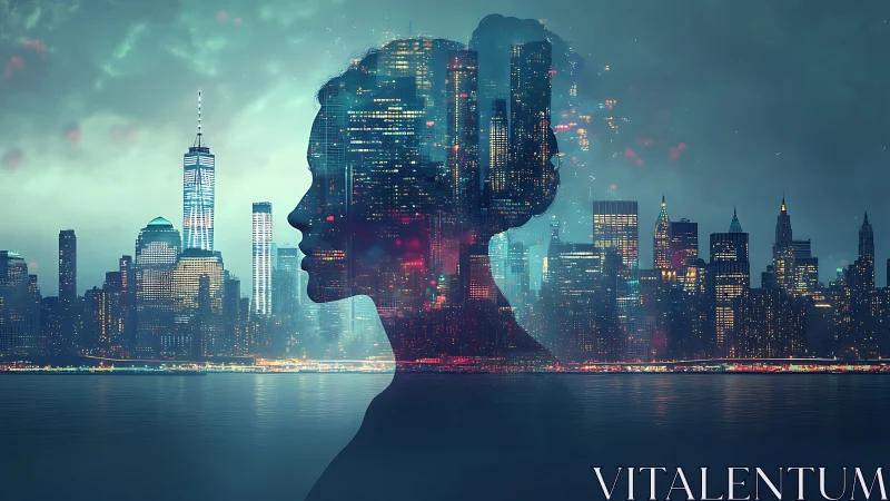 Urban neural silhouette integrating luminous city topology.