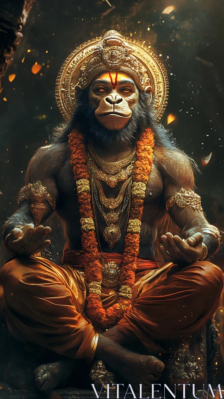 Divine monkey deity sits in golden meditative splendor.