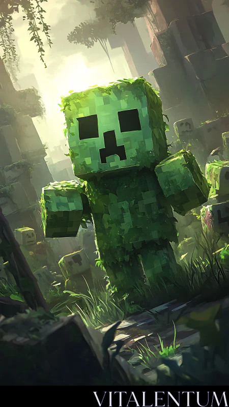 Blocky forest creature stalks lush sunlit ruins