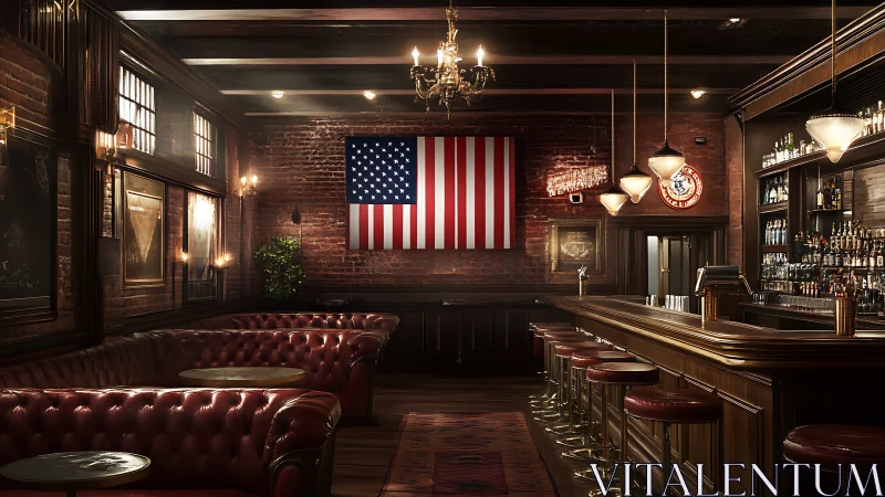 Cozy vintage bar with warm lights and a proud flag display.
