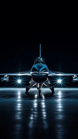 Single jet aircraft stands centered on illuminated runway