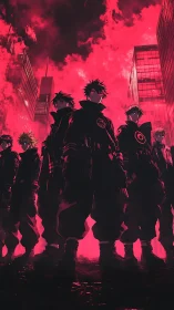 Parametric neon uprising of masked urban tacticians at dusk.