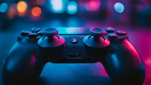 PlayStation 5 DualSense controller illuminated by neon blue and magenta lights.