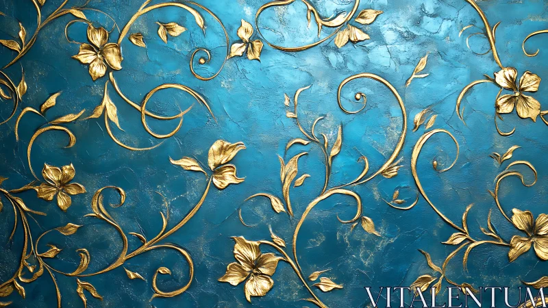 Golden baroque floral relief on textured teal background.