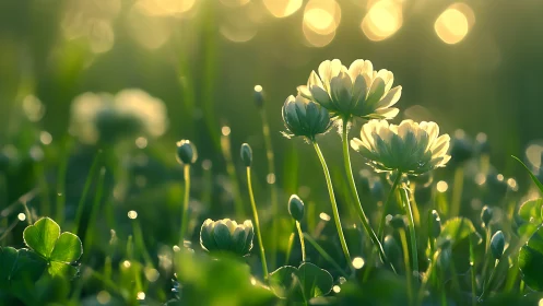 Macro photograph records clover flowers in low warm backlight