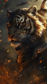 Armored tiger warlord rendered with high-detail lighting dynamics