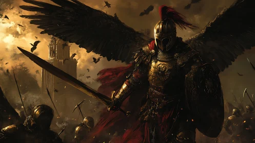 Winged war knight strides through burning battlefield dusk.