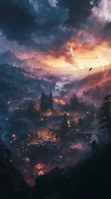 Gothic fortress consumed by apocalyptic fire and brimstone.