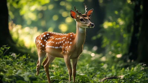 Juvenile spotted deer in soft bokeh-structured forest light.