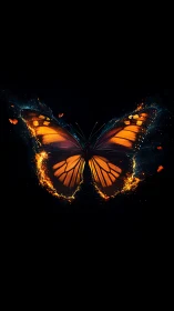 High-contrast fiery butterfly with luminous particle trails on black