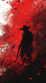 Silhouetted gunslinger amid turbulent abstract crimson field.