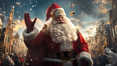 Santa figure in red robe leading winter street parade scene.