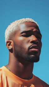 Close-cropped portrait under vivid blue sky, strong light.