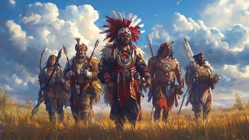 Indigenous group in traditional attire crossing grassland.