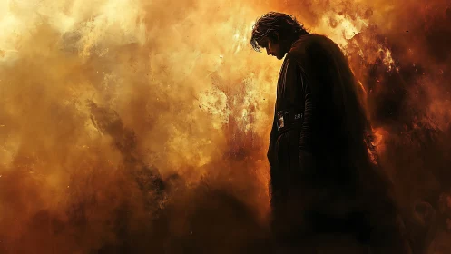 Brooding warrior stands in burning golden smoke field.