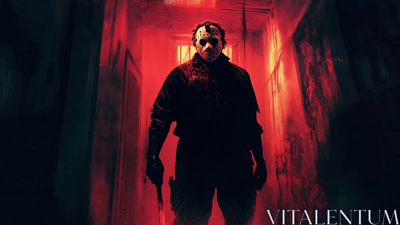Masked slasher stands in blood red hallway holding knife