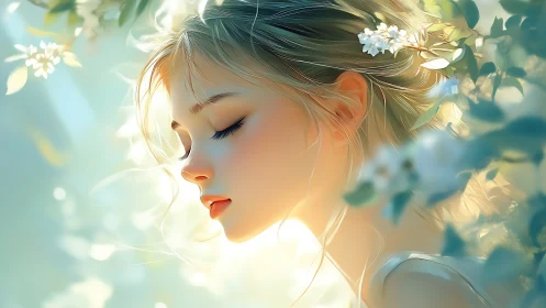 Dreamy girl in soft sunlight among gentle spring blossoms.