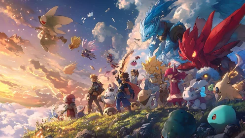 Adventurers and elemental creatures gather on sunlit sky cliff