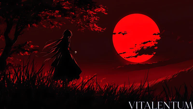 Crimson moonrise silhouettes a lone wanderer in burning dusk.