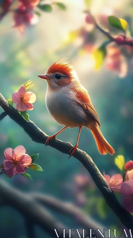 Sunlit songbird resting amid glowing spring blossoms.