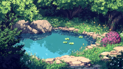 Secret garden pond shimmers softly beneath bright summer trees