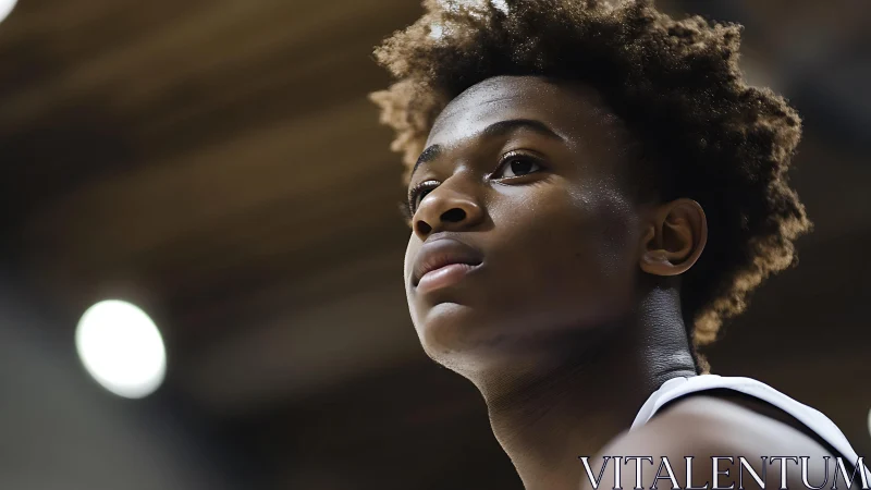 Young basketball player glows with quiet game-time focus.