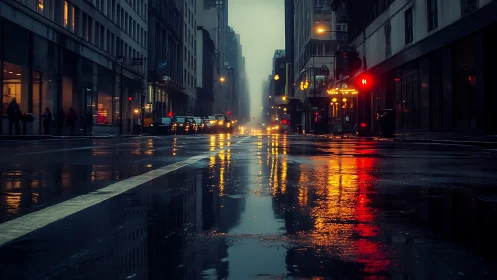Wet urban street surface reflects distant vehicle headlights
