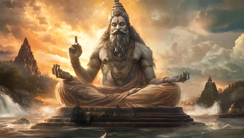 Titan sage of sunrise waters in luminous cosmic stillness.