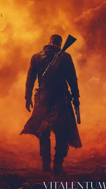 Armed figure walks through dense orange smoke and fire