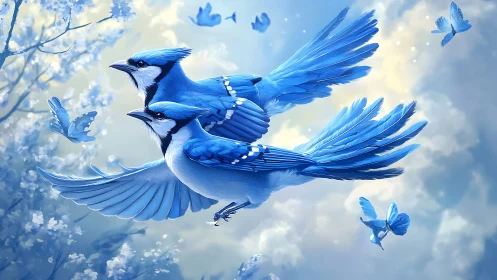 Blue jays in soft spring sky with drifting butterflies.
