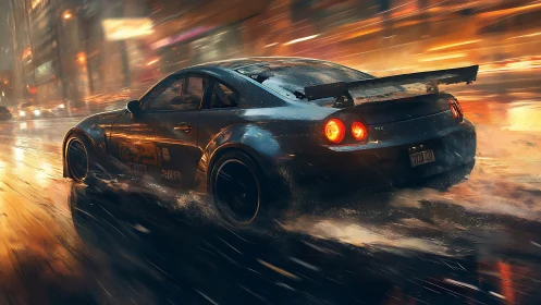 Cinematic digital painting of a street racer in wet neon cityscape.