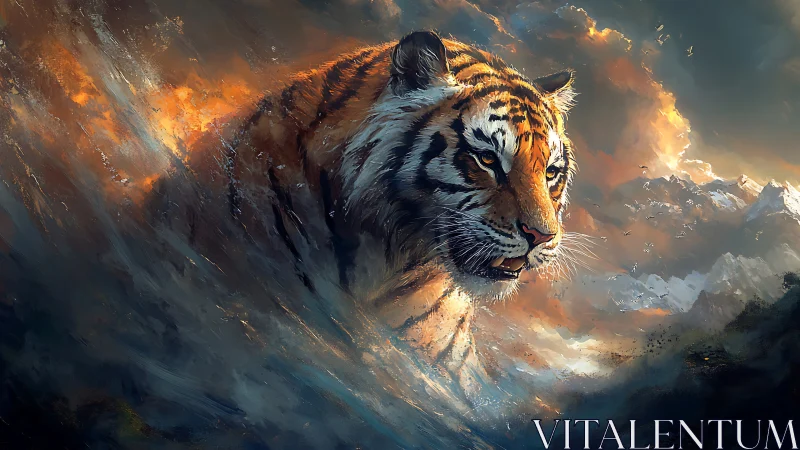 Majestic tiger emerges through swirling firelit storm clouds