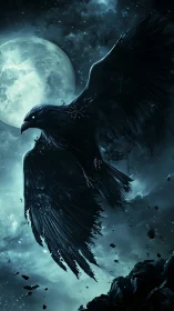 Midnight raven erupts beneath a haunted, stormlit moon.