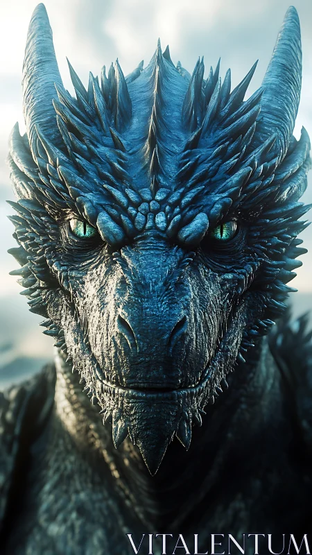 Majestic blue dragon gazes ahead with calm ancient power