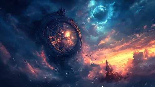 Celestial clock drifting through a sky of glowing storms.