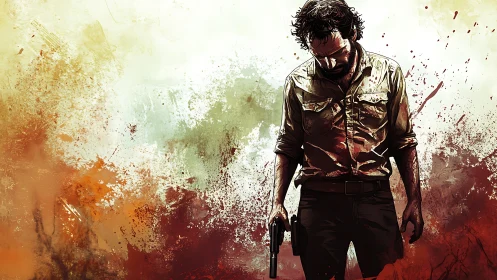 Digital painting of armed survivor amid splattered backdrop.