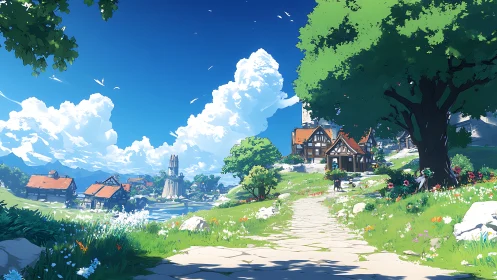Pastoral anime village under expansive summer sky panorama.